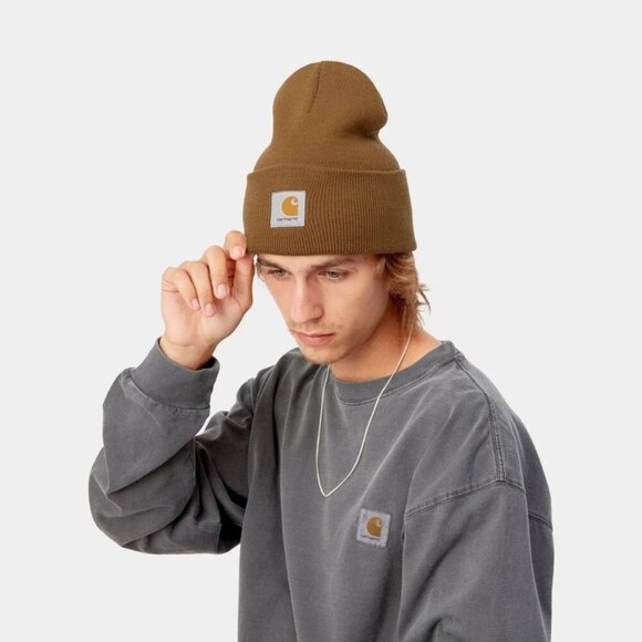 Carhartt Tonal Patch Rib Knit Beanie Hat Brown Mens OS Work Outdoor Hipster Logo - Picture 1 of 7